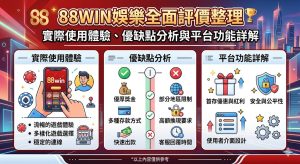 本篇針對 88win 娛樂進行全方位的深度評價，整合廣大玩家的實際使用體驗，從註冊流程、遊戲種類到金流速度進行詳盡分析。88win 在平台功能上提供了多元的體育博彩、真人視訊及電子遊戲，其流暢的行動端介面與直觀的操作邏輯是其主要優點，能讓新手快速上手；然而，在優惠活動的洗碼倍數限制與客服回覆效率上，則仍有進步空間。透過本文對優缺點的客觀對照，玩家可以更清晰地了解該平台的競爭力與潛在風險，進而判斷是否符合個人的遊戲需求。無論您看重的是出金的穩定性，還是遊戲內容的豐富度，這份整理詳解都將為您提供極具價值的參考依據，協助您在選擇線上博弈平台時做出更理智的決定，確保在享受娛樂的同時也能兼顧自身的資安與權益。